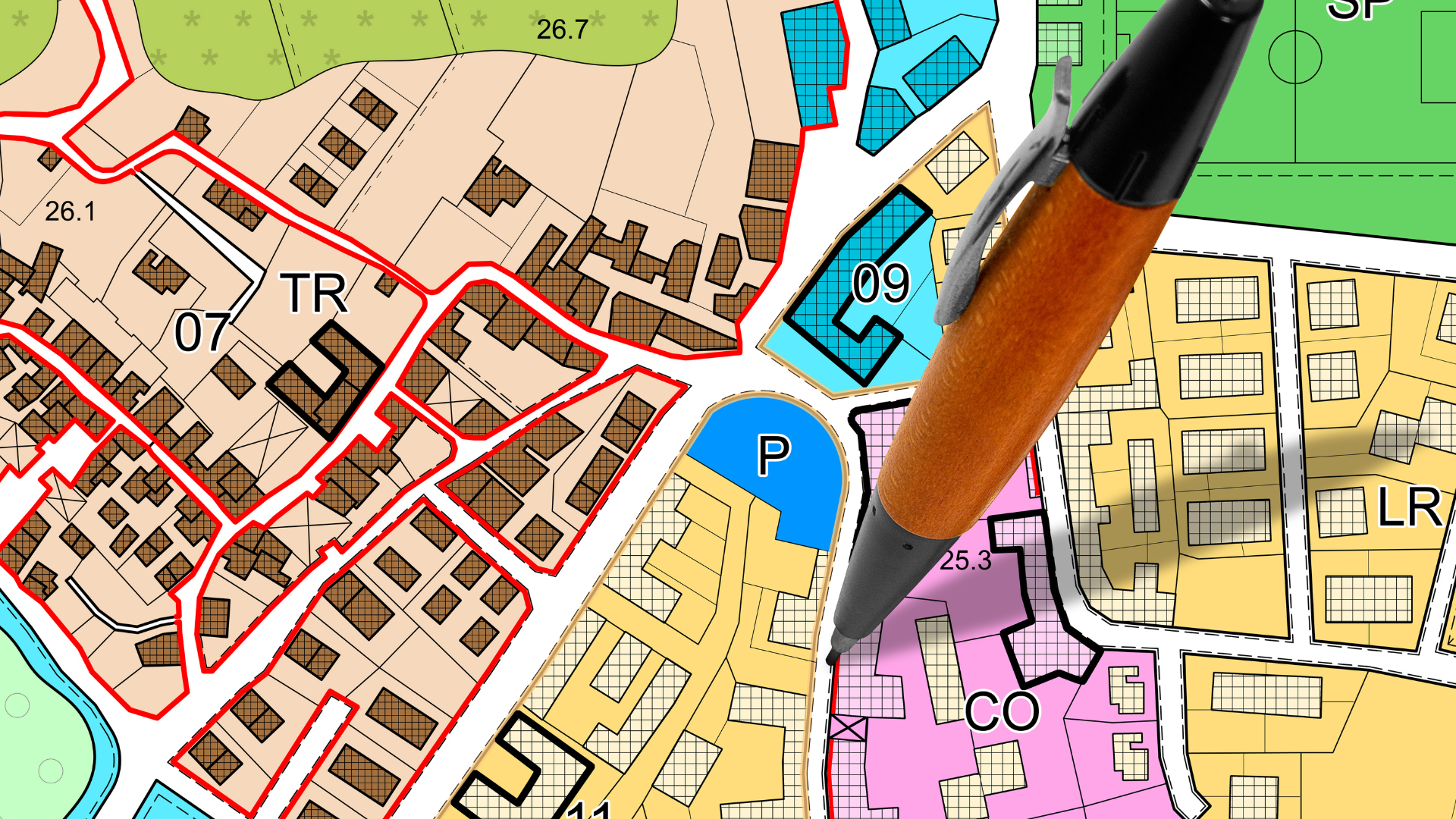 Zoning map showing residential, commercial, and industrial areas.