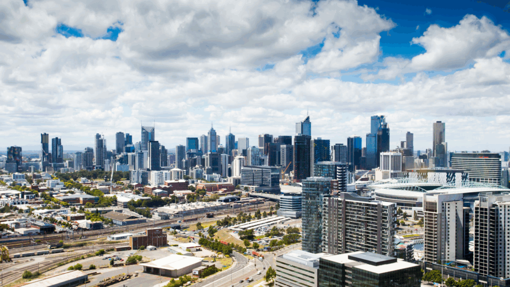 Aerial view of Melbourne suburbs representing investing in Victorian real estate opportunities.